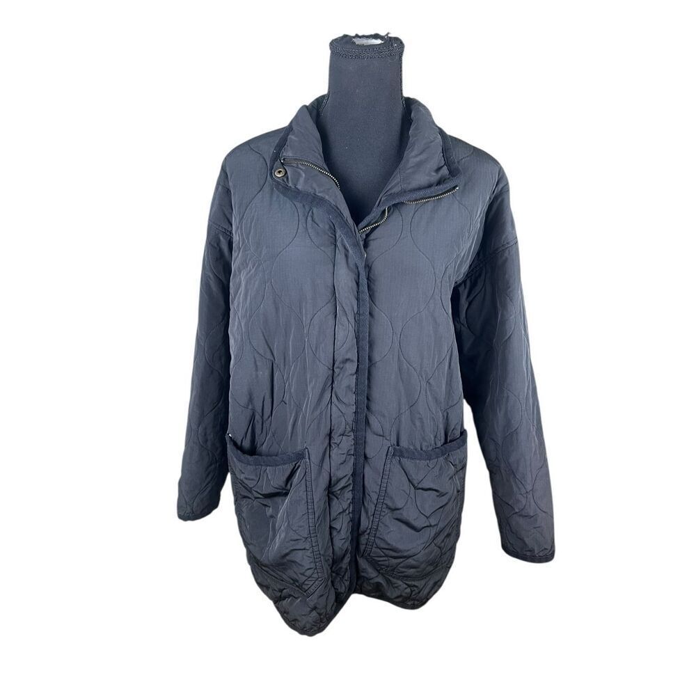 MARINE LAYER Austria Long Puffer Large Jacket Black Floral pockets outdoors